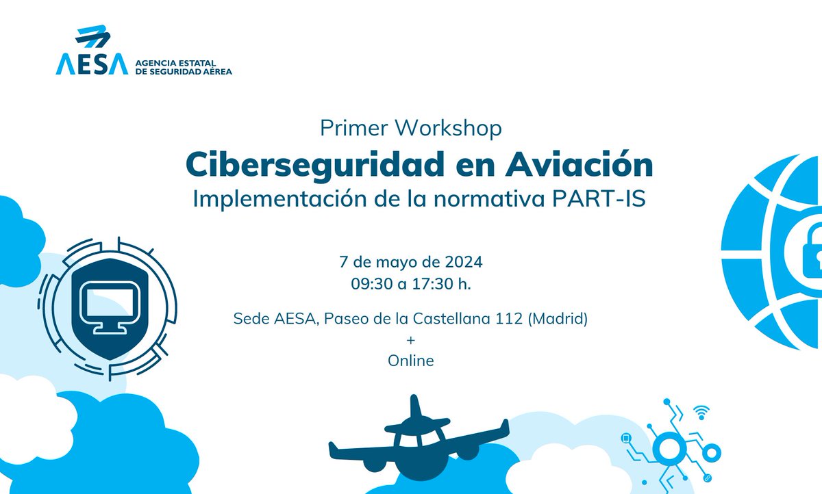 📢 A las 9:30h comienza en nuestra sede el workshop de #Ciberseguridad en Aviación. 👉 Síguelo #online en el siguiente enlace bit.ly/3QyZ6dR