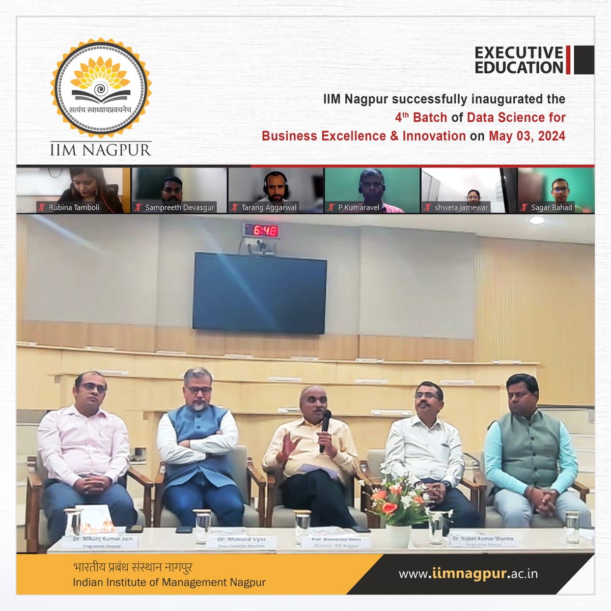 IIM Nagpur proudly inaugurated the 4th Batch of Data Science for Business Excellence & Innovation on May 03, 2024.

#IIMNagpur #ExecutiveEducation #DataScience #BusinessExcellence #Entrepreneurship