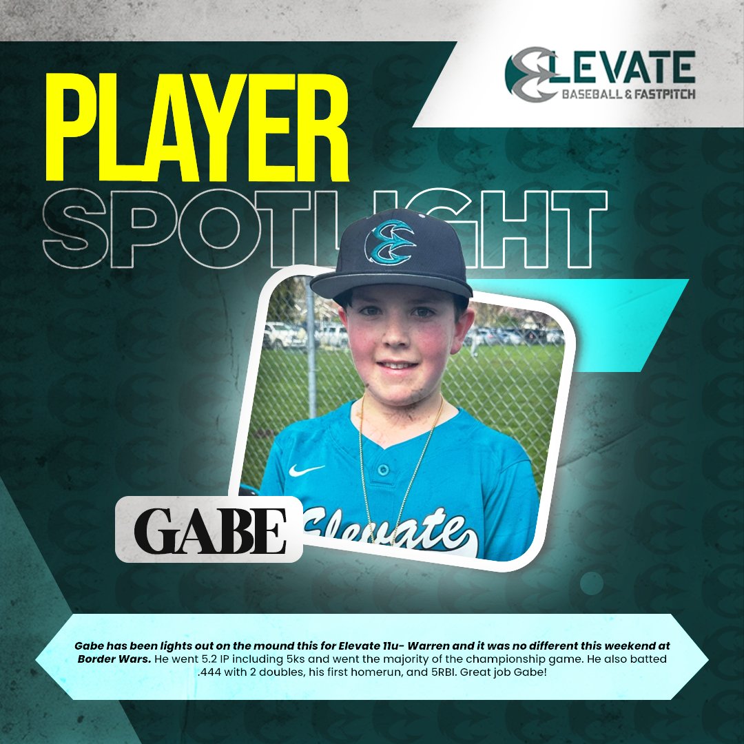 Gabe has been lights out on the mound this for Elevate 11u- Warren and it was no different this weekend at Border Wars. He went 5.2 IP including 5ks and went the majority of the championship game. He also batted .444 with 2 doubles, his first homerun, and 5RBI. Great job Gabe!