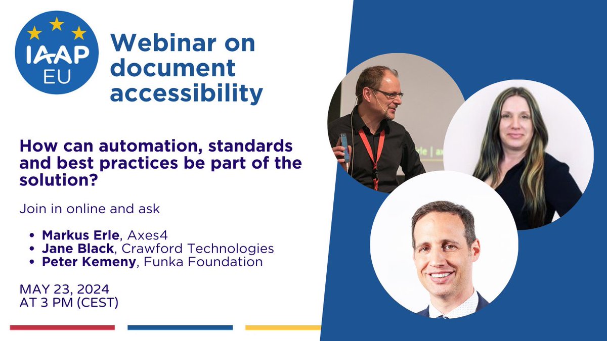 Free webinar on accessible documents 23 May 3 pm CEST. Join brilliant document experts from across Europe in a discussion on how to improve document accessibility. Jane Black, Markus Erle, Peter Kemeny will share insights and respond to your questions! us06web.zoom.us/webinar/regist…