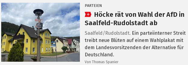 Der Machtkampf innerhalb der #NoAfD in #SaalfeldRudolstadt hat zur Spaltung der Wahllisten geführt: Höcke wirbt nun gegen seine Partei und für die 'alternative' Liste seiner vor Gericht unterlegenen KameradInnen innerhalb des Gebietsverbands. Weiter so!