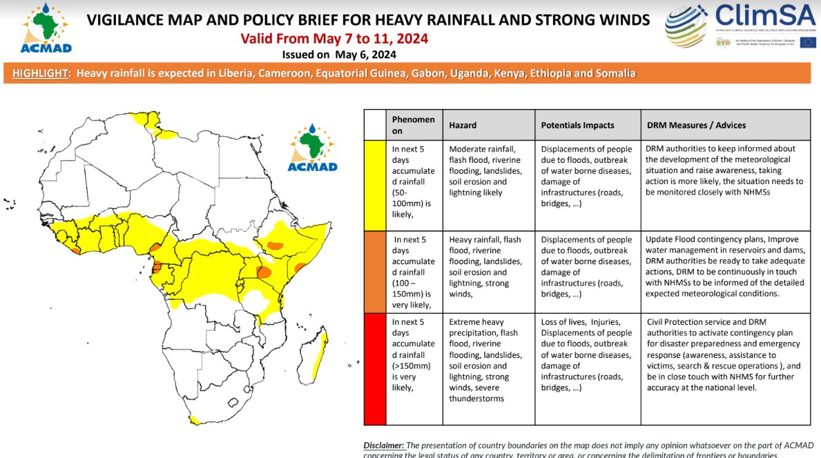 ℹ️5-Days #Heavyrainfall forecast (07- 11 May, 2024) ⛈️Heavy rainfall (100-150mm) is expected over #Liberia, #Cameroon, #EquatorialGuinea, #Gabon, #Uganda, #Kenya, #Ethiopia and #Somalia
Read more➡️bit.ly/46mLXuV 
#Rainfallforecast #Africa #earlywarningforall