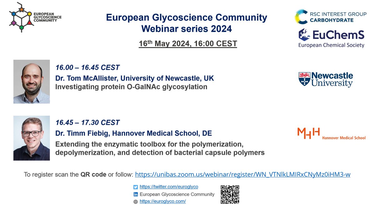 🌟 Join us for the next EGC webinar and dive into glycobiology research with Tom McAllister (@UniofNewcastle) & Timm Fiebig (@MHH_life) 🗓️Mark your calendars for 16/5 at 4PM CEST & signup: tinyurl.com/3ymzszx4 #glycotime @ozglyco @glyconet_nce @acs_carb @EuChemS @Glyco_Alps