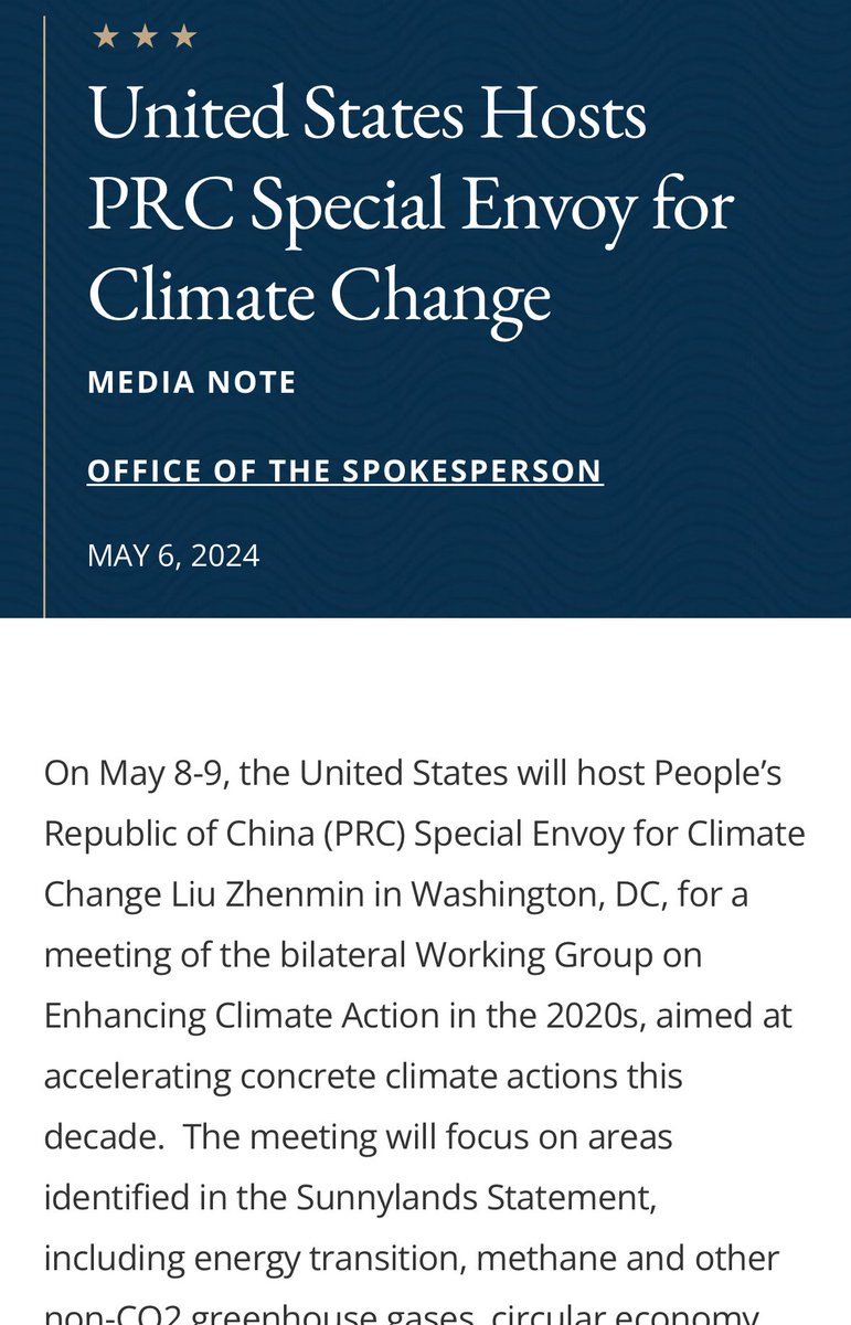 🇨🇳 🇺🇸 climate talks China’s special climate envoy visits the 🇺🇸 with delegation on 7-16 May Agenda includes bilateral working group meetings, exchanges with 🇺🇸 envoy, UN /local governments/think tanks on climate topics