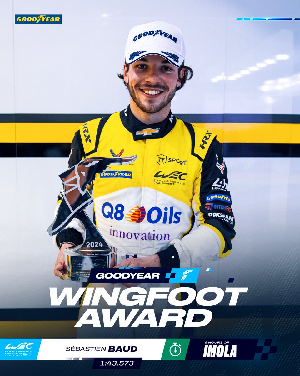 Congratulations to Sebastien Baud, who wins the Goodyear Wingfoot Award from Imola🏆

This award is given to the LMGT3 driver who achieves the fastest stint average on race day 🛞

#WEC #Goodyear @goodyear