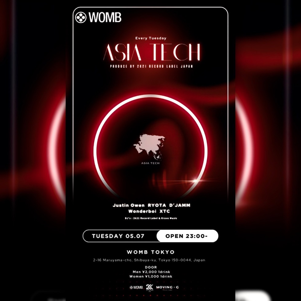 TONIGHT: TECH HOUSE, TECHNO Founded in 2021, 2k21 Records, a leading force in Japan's Korea Electro Club Music scene, presents the 19th installment of their project, Asia Tech. 23:00-4:30 DOOR: WOMEN ¥1000 (1DRINK INCLUDED) MEN ¥2000 (1DRINK INCLUDED) womb.co.jp/en/event/2024/…
