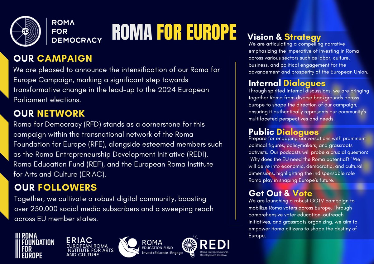 Roma for Europe Campaign, a significant step towards transformative change in the lead-up to the 2024 European Parliament elections - Roma for Democracy (RFD) + @romaforeurope  + #REF + #ERIAC + #REDI More tinyurl.com/3bdaap6m
