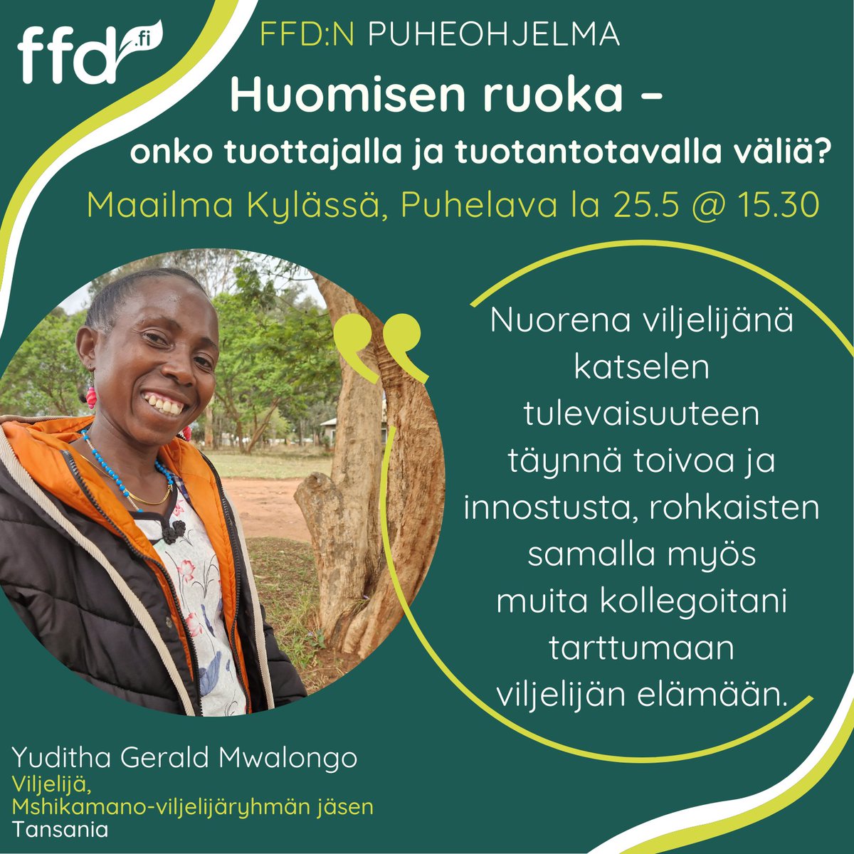 Kiinnostaako ruokatuotanto?🍽
Tule innostumaan kanssamme aiheesta "Huomisen ruoka - onko tuottajalla ja tuotantotavalla väliä?"
<a href="/maailmakylassa/">Maailma kylässä</a> la 25.5 @ 15.30
Puhelava &amp; Online
Vapaa pääsy!
#HuomisenRuoka #rohkeus #FFD
ffd.fi/maailmakylassa…
<a href="/MTKry/">MTK</a> <a href="/Solar_Foods/">Solar Foods</a> <a href="/Ruralia_UH/">Ruralia-instituutti</a>