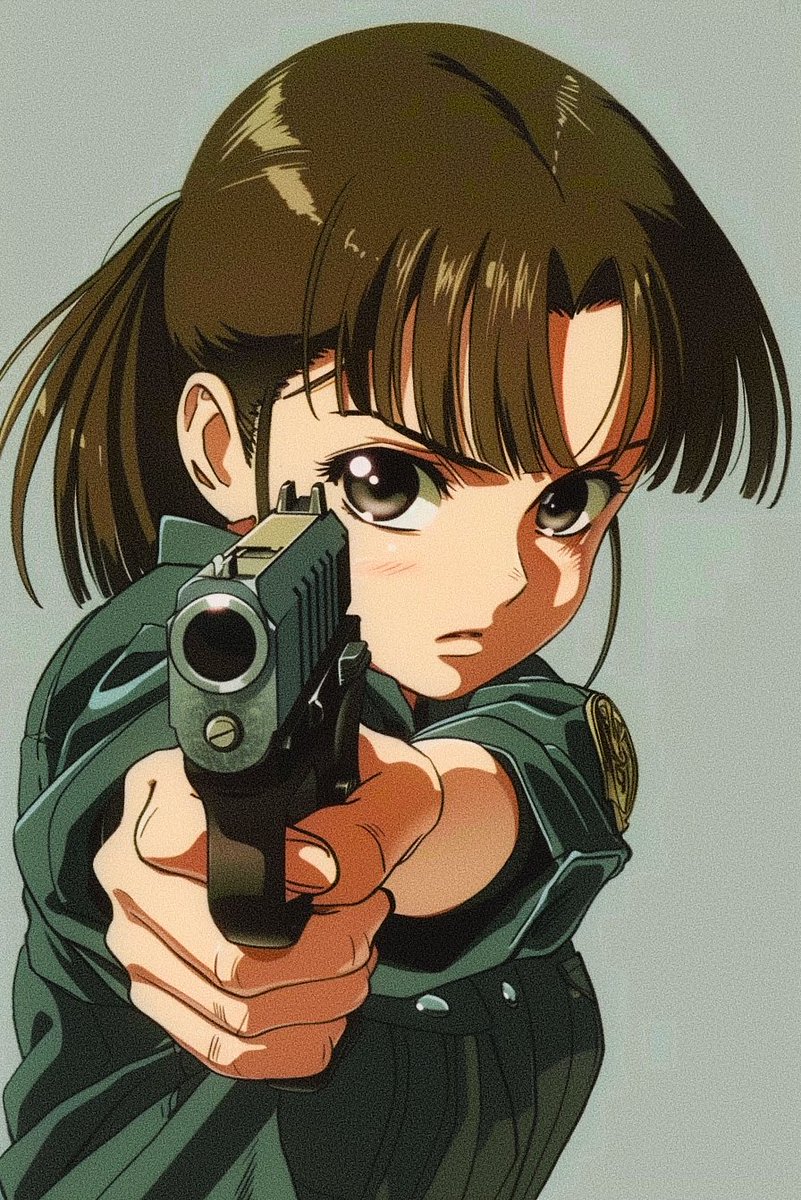 Anime girls in Japanese anime , #early90s anime style.

Description:- #Japan  #animation  style 90s illustration style 16 years old girl, holding gun pointing towards the camera.