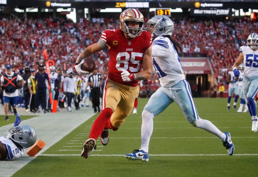 The #49ers dominate with a season-high 42 points against the Cowboys! Kittle scores 3 TDs, Purdy throws 4, keeping SF undefeated. #GoNiners #NFL2023