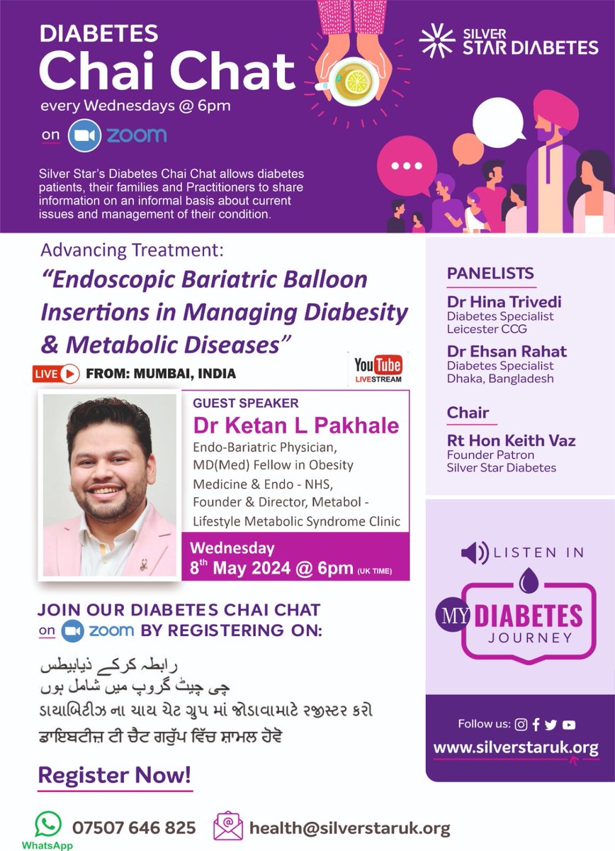 Silver Star Diabetes (@ss_diabetes) on Twitter photo #Join the <a href="/ss_diabetes/">Silver Star Diabetes</a>
#Chai #Chat on Wednesday 08/05/24 at 6pm on #Zoom & #YouTube - #live from #india with <a href="/drketansays/">Dr. Ketan Pakhale</a> and learn about #endoscopic #bariatric #balloon insertions in managing #diabesity & #metabolic #diseases #Join the <a href="/ss_diabetes/">Silver Star Diabetes</a>
#Chai #Chat on Wednesday 08/05/24 at 6pm on #Zoom & #YouTube - #live from #india with <a href="/drketansays/">Dr. Ketan Pakhale</a> and learn about #endoscopic #bariatric #balloon insertions in managing #diabesity & #metabolic #diseases