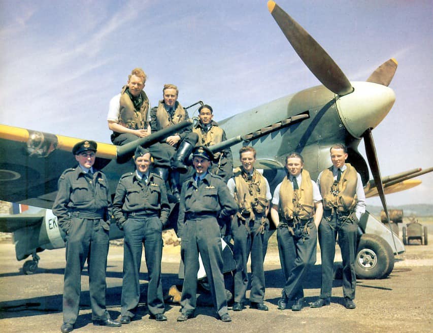 Hawker Typhoon pilots of 257 Squadron at RAF Warmwell in Dorset, August 1943. The squadron was sponsored and supported with donations from Burma. Burmese pilot Htin Yain Lao is seen top middle. He was KIA in January 1945.