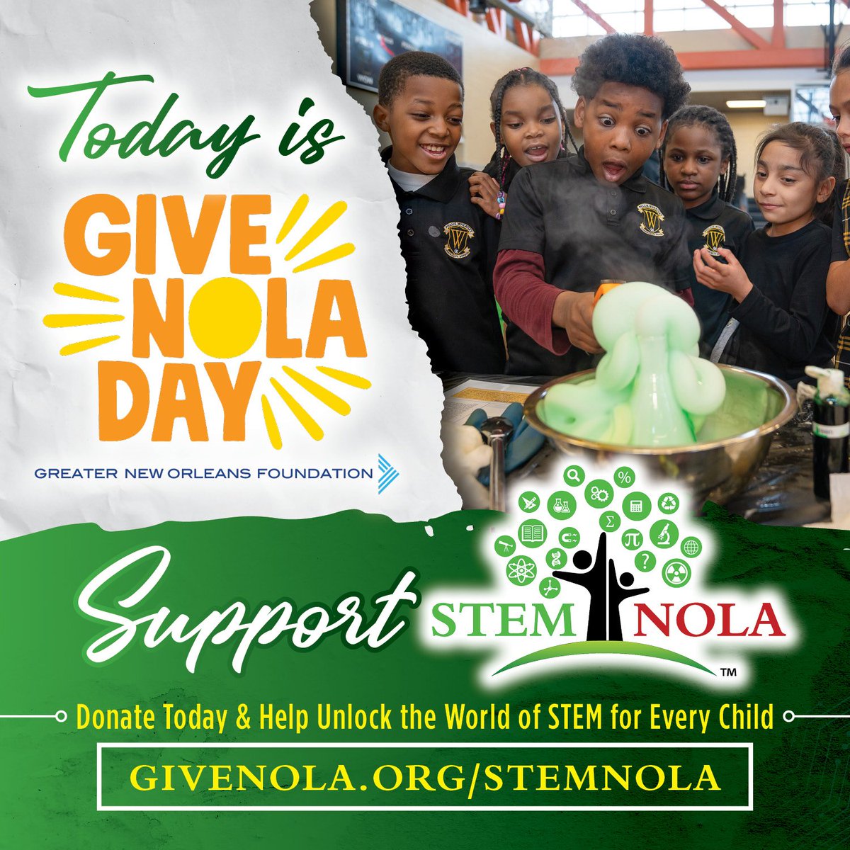 #GiveNOLA is today! All size donations appreciated! Your gift helps to ensure that @STEMNOLA 's FREE hands-on activities continue to Engage, Expose and Inspire future creators, innovators and makers! We invite you to give today givenola.org/stemnola #STEM #YouBelonginSTEM