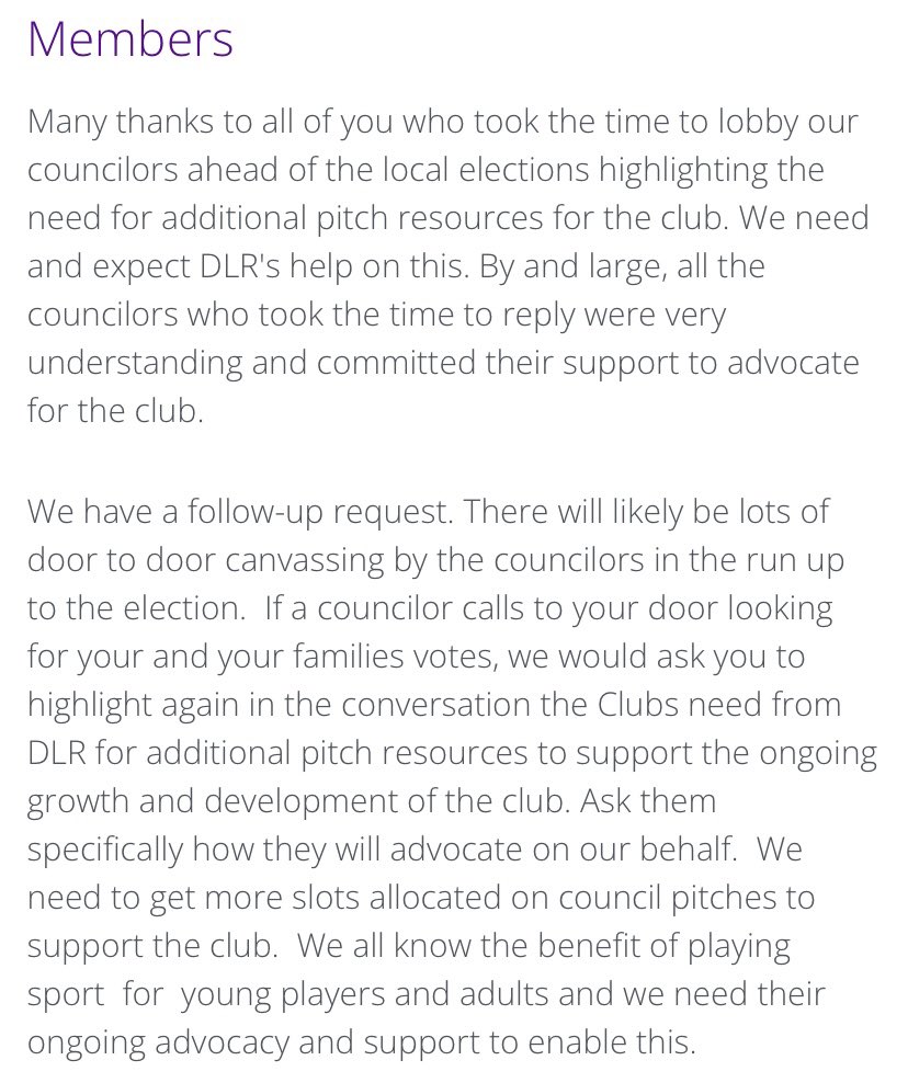 An important notice for a follow up to local councillors for help and support for additional pitch resources! #passionliveshere #purpleandgold