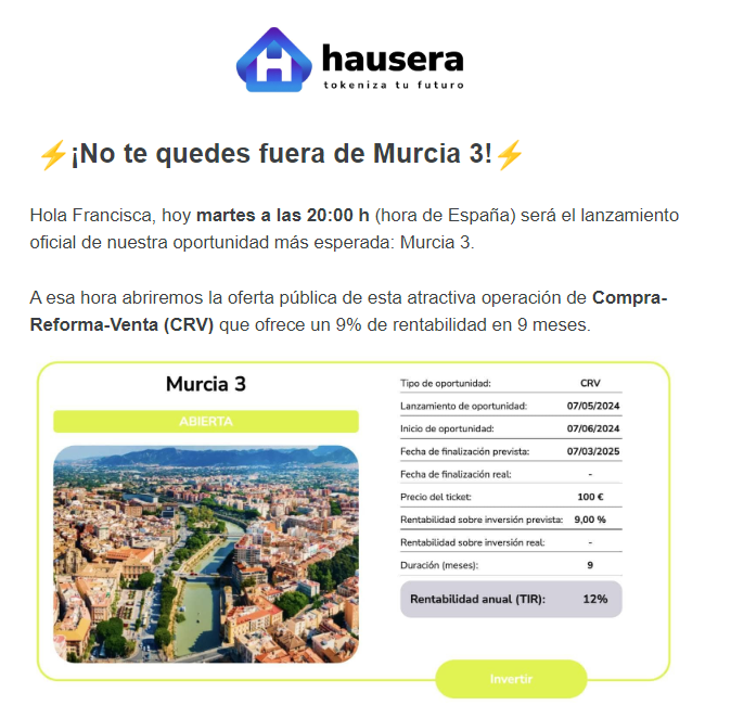 Inversor00's tweet photo. Hoy a las 20h venta pública de #Murcia 3 a través de #hausera #crowdfunding #inmobiliario #tokenización

En la venta privada se ha financiado el 90%, en venta pública sólo 10%
8 apartamentos
CRV=Compra - Reforma - Venta
Código amigo: https://t.co/MdMYtdEx7X https://t.co/EjkqMSEQMP