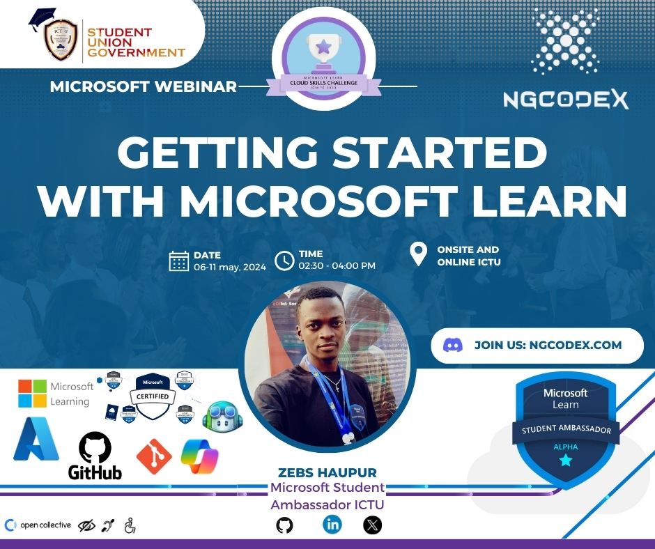 ngcodex's tweet image. 🔮Microsoft event Jour 1 👨🏾‍💻

🛑🛑 Aujourd&apos;hui 14h😁
Outils nécessaires :
- PC
REJOIGNEZ-NOUS👍🏾
🎓Microsoft_Learn: learn.microsoft.com/?wt.mc_id=stud…
🌐SiteWebDuClub: ngcodex.com

Avec la participation de :
@codeurzebs (ZEBS HAUPUR)
Ambassadeur Étudiant Microsoft ICTU
