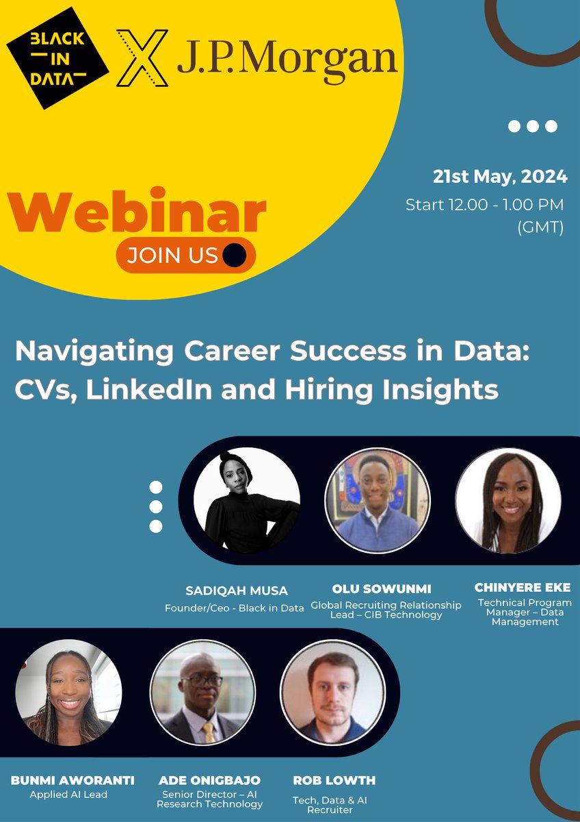 Join us for "Navigating Career Success in Data: CVs, Linkedin, and Hiring Insights," webinar hosted by Black in Data in collaboration with J.P. Morgan.

🗓️ 21st May 2024
🕛 12-1pm 

Register here : eventbrite.co.uk/e/navigating-c…

#CareerGrowth #DataAnalytics #Bigdata #ai #cv #hiring