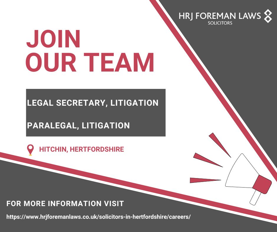 Our litigation team are looking for a legal secretary and a paralegal to join them.

More details about both of the roles are here, hrjforemanlaws.co.uk/solicitors-in-…

#legalsecretary #legaljobs #legalsecretaryjobs #paralegaljobs #hertfordshirejobs #hitchinjobs#litigationjobs