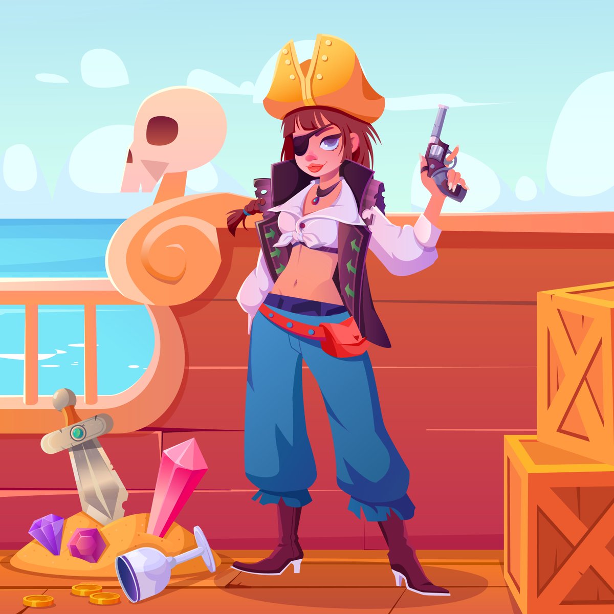 First lady Serena "The Hexmistress" Driscoll, member of The Sea Scoundrels, aboard The Buccaneer's Charm.

She loves jewels and guns!

🏴‍☠️Win 100k $LOOT random mint airdrop &amp; guaranteed 500 $LOOT +500 $WATER for each mint: xoxno.com/buy/WEB3PIRATE…

Like, RT for $WATER &amp; $LOOT