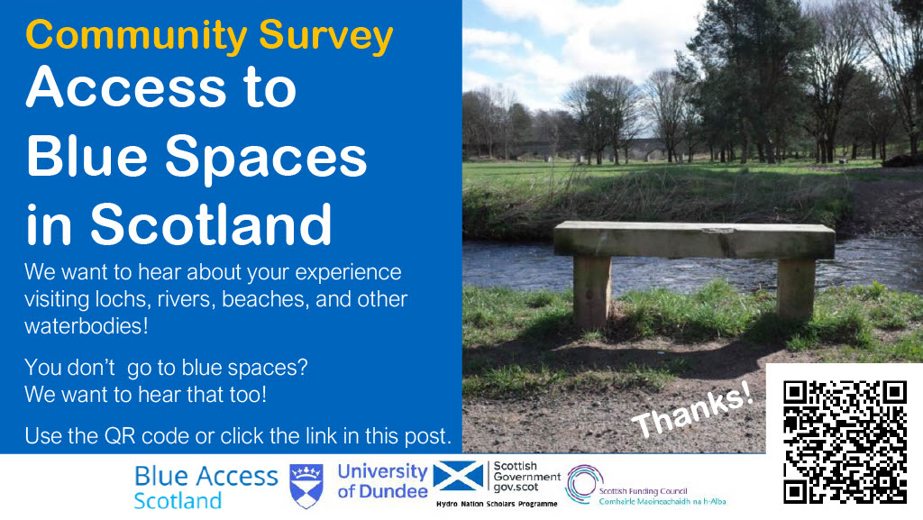 Calling all Scottish residents (18+) to help us understand access to blue spaces (beaches, lochs, rivers, ponds). We want to hear from a diverse range of people/communities. It only takes 15 mins to complete & contribute to our effort to improve access👉bit.ly/44v3LmW