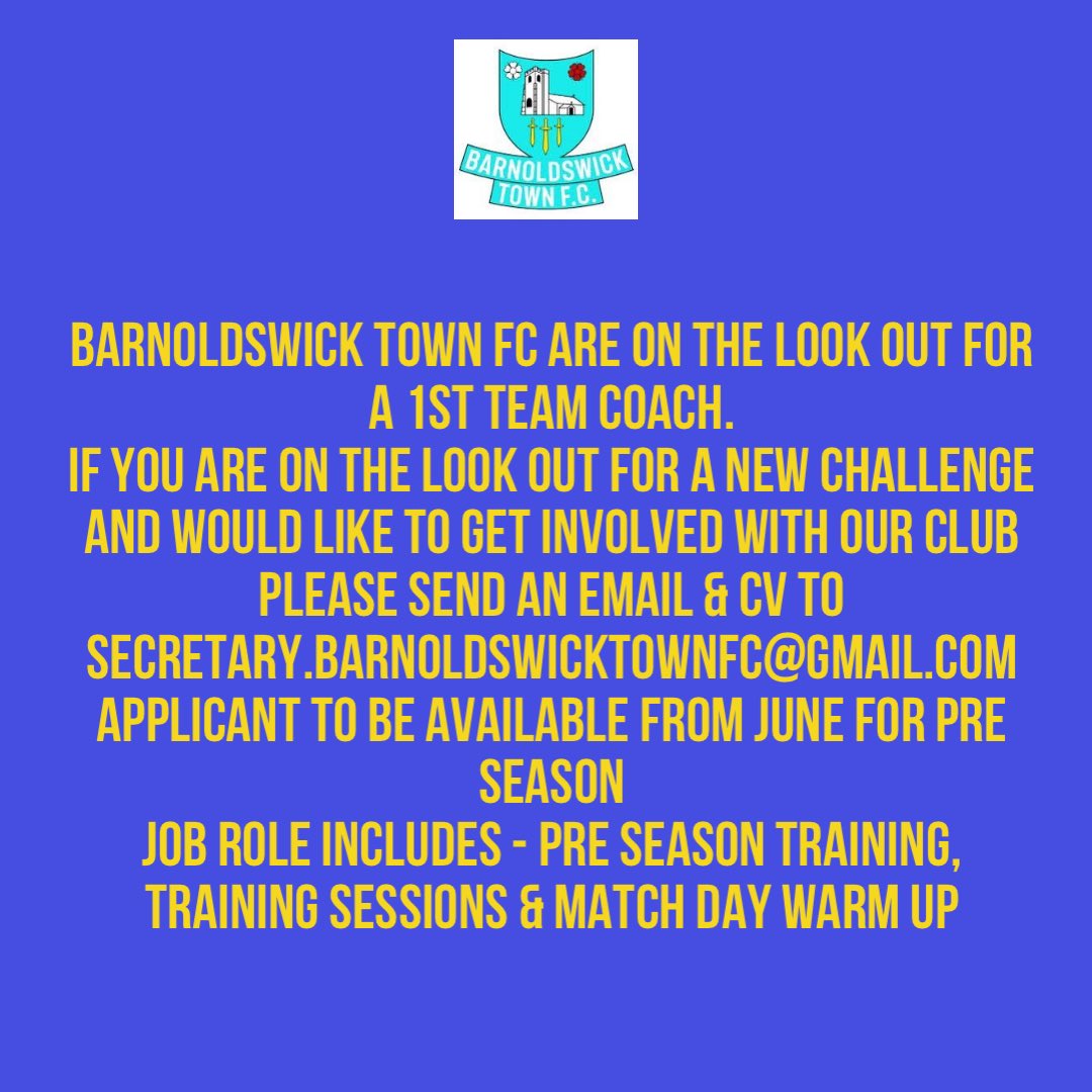 As a club we are on the look out for a first team coach.. if you are looking for a new challenge & would like to join our club plz send an email to our club secretary on secretary.barnoldswicktownfc@gmail.com ⚽️💙💛