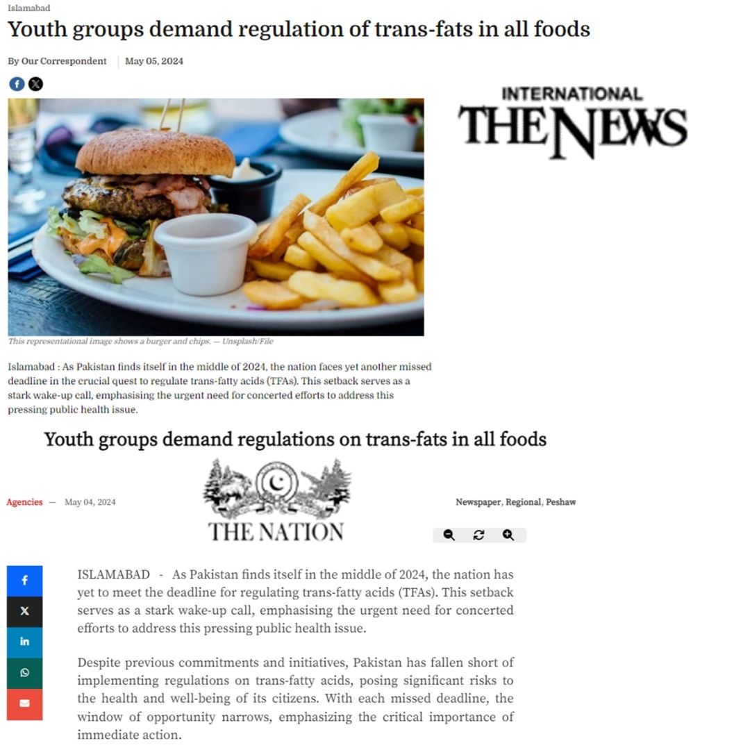 Youth groups demand the regulation of #transfats in all foods across #Pakistan. 🇵🇰
🔗:
thenews.com.pk/print/1185483-… 
#TRANSFORMPakistan #TransfatsfreePakistan #healthyfood #foodSafety