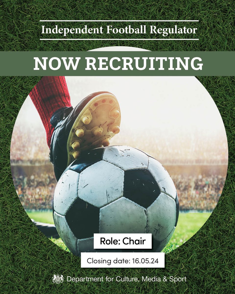 Lead the drive to ensure that English football is sustainable and resilient, for the benefit of fans and local communities The new Independent Football Regulator is recruiting a Chair Find out about the role and apply before 16 May: ▶️ …for-public-appointment.service.gov.uk/roles/8097/
