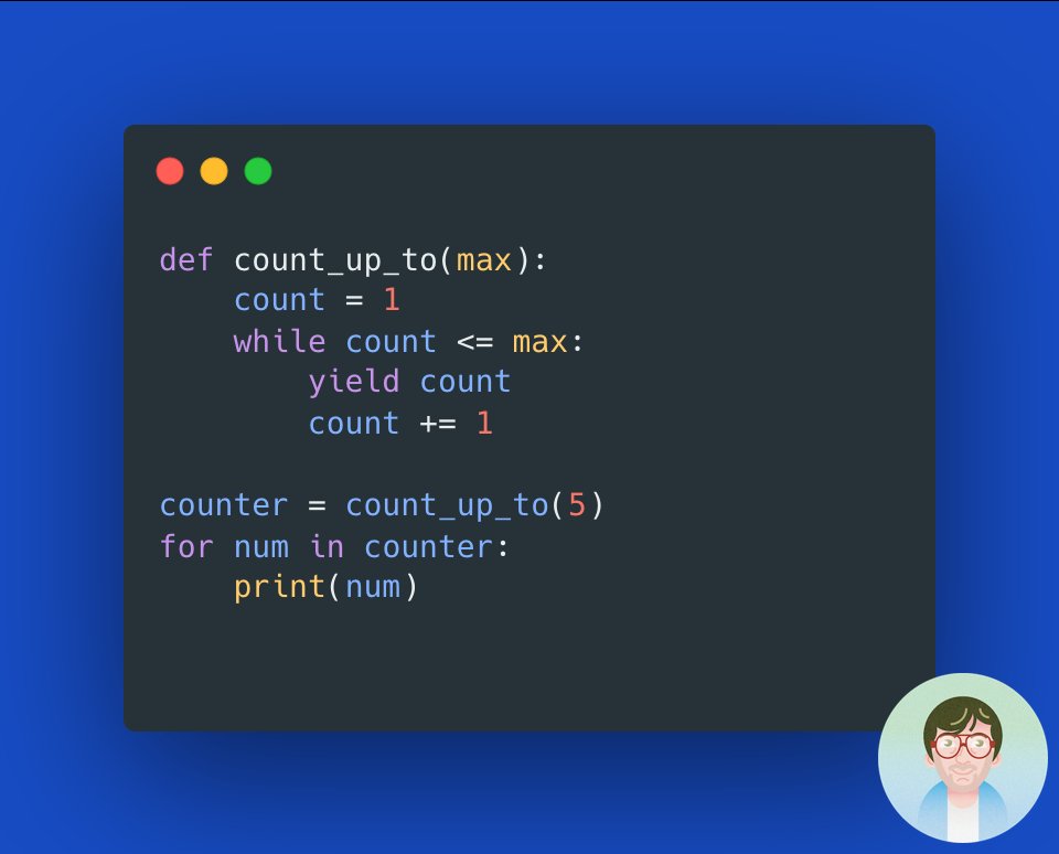 3️⃣ Generator Functions: Creating a generator in Python is simple. Use the `yield` keyword in place of `return` to yield one item at a time. In the image there's a quick example of a generator function. 🔍 Efficient and straightforward! #PythonCode #DevCommunity