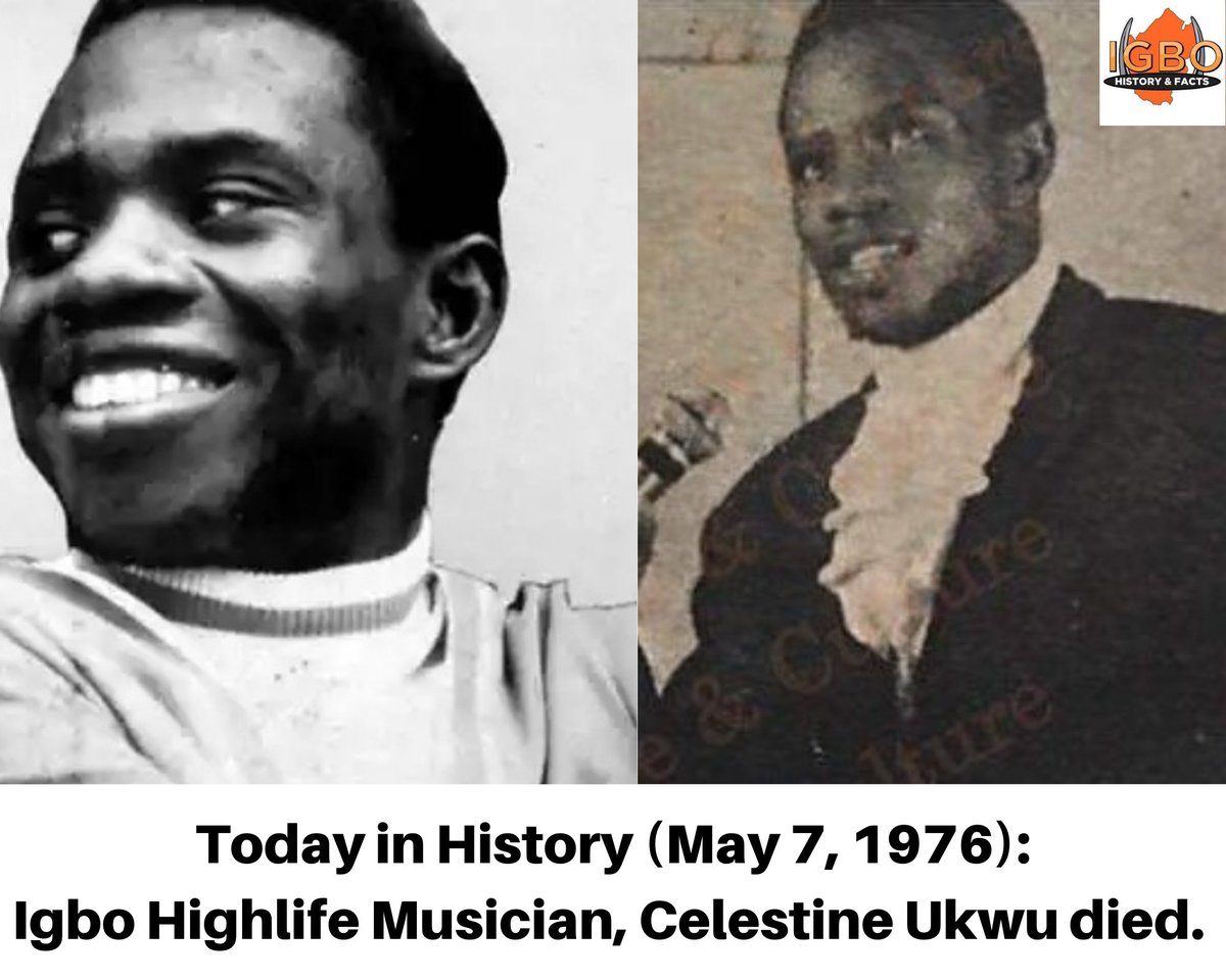 Today in History: Celestine Ukwu died.

Celestine Ukwu was a renowned Igbo Highlife musician during the 1960s and 1970s. The “Ije Enu, Uso Ndu” crooner hailed from Abor in Udi LGA of Enugu state. He died in an auto-crash in Ogidi on May 7, 1976, aged 36.

May he rest in Power 🕊️