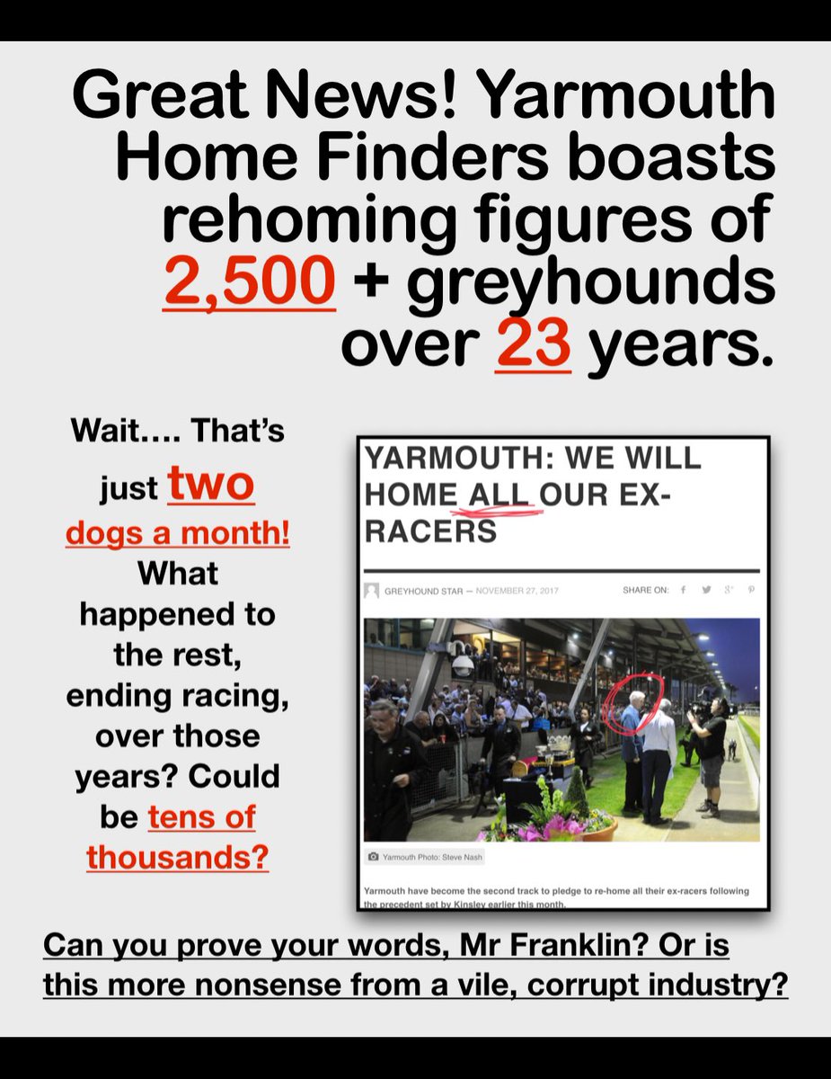Proof needed, Yarmouth Stadium. With the rehoming of greyhounds in crisis, what is happening to the dogs your industry discards? It’s time to provide evidence to support your statement, Mr Franklin. #yarmouthstadium #defra #bangreyhoundracing #cutthechase #AnimalAbuse