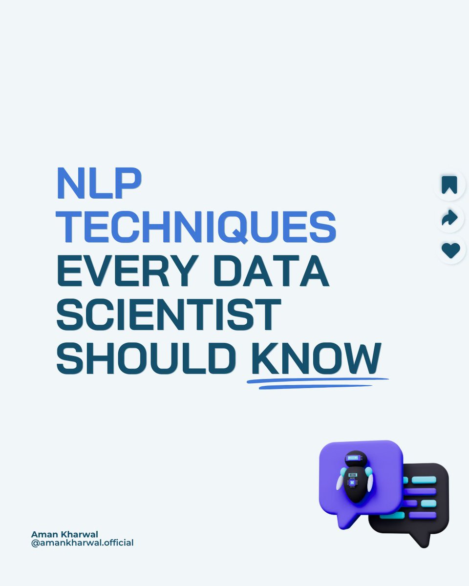 NLP techniques every #DataScience professional should know! 1. Tokenization 2. Stop words removal 3. Stemming and Lemmatization 4. Named Entity Recognition 5. TF-IDF 6. Bag of Words Learn all these techniques using Python: bit.ly/nlp-techniques