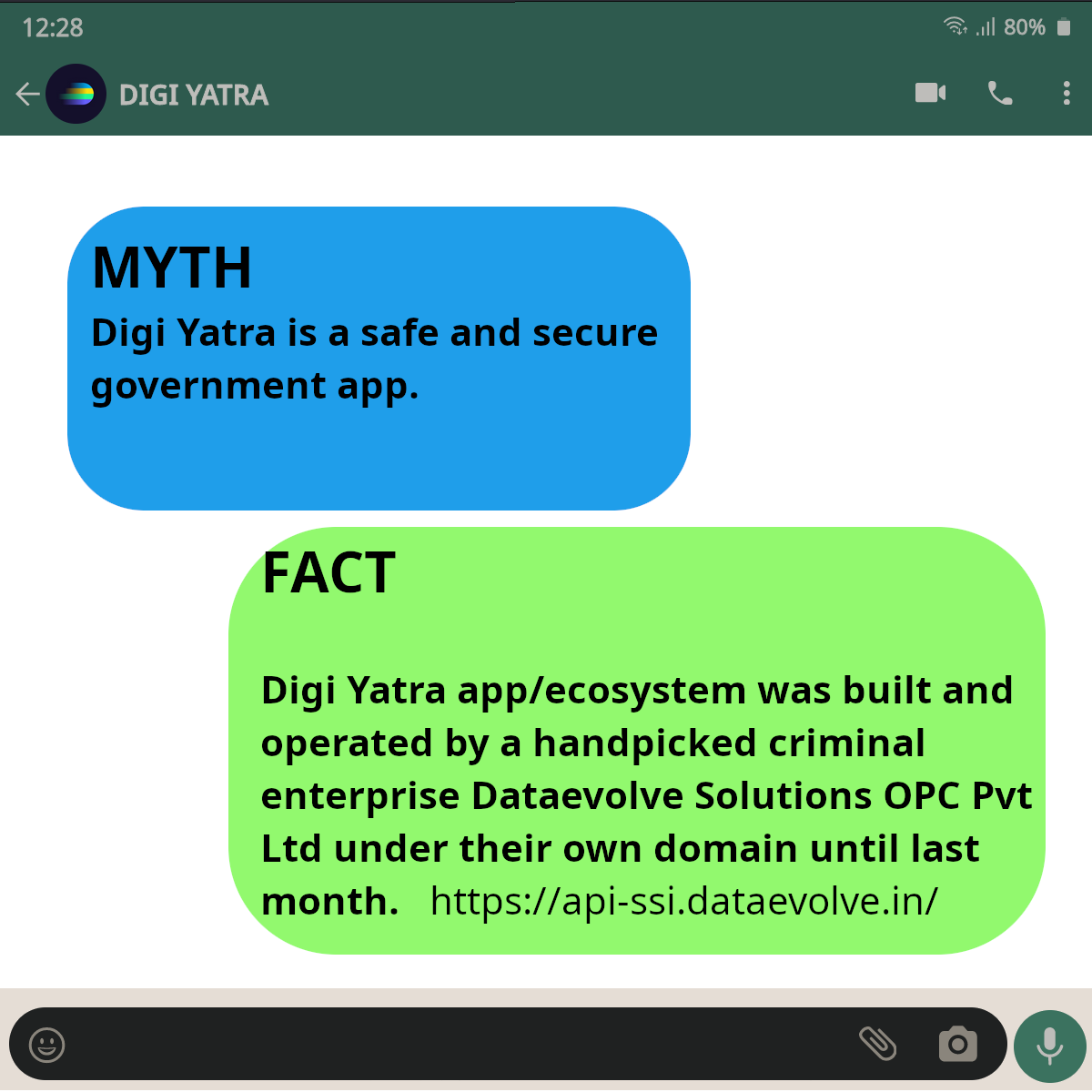 Separating myths from facts! 💡 

Digi Yatra Foundation is a private company with ZERO  accountability to the public under RTI/CAG etc.

Stay informed, stay secure!  

Do NOT Download the Digi Yatra App ever!

Available on IOS and Android. 

#DigiYatra #MythsVsFacts #DataSecurity