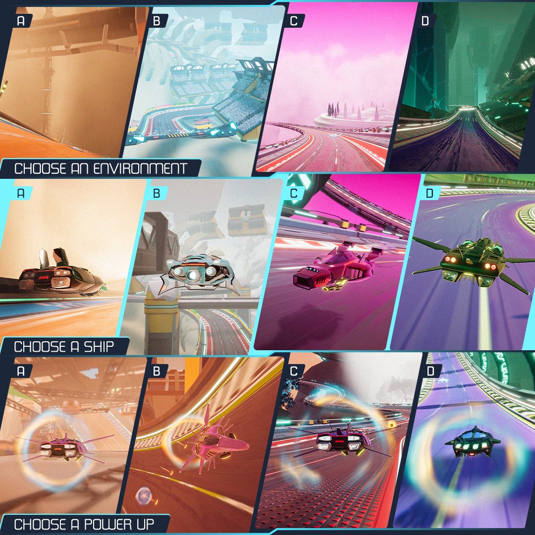 Racers, ready to customize your ride? Choose your ultimate racing setup with #Racerloop! Pick one environment, one ship, and one power-up for your dream race day: 🏞️ Environment: A, B, C, D 🚀 Ship: A, B, C, D ✨ Power-Up: A, B, C, D Reply with your perfect combo🏁