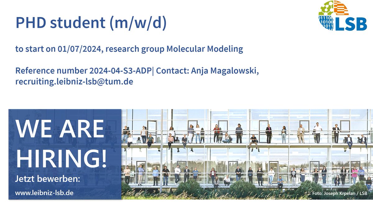 👋 Please share: The research group 'Molecular Modeling' @LeibnizLSB is looking for a PhD student to start on 01/07/2024 @dipizio_lab #LigandDocking #MolecularDynamicsSimulations #modeling leibniz-lsb.de/index.php?eID=…