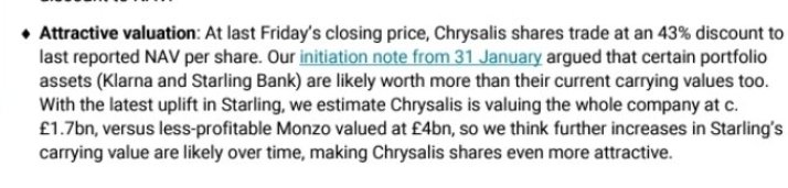 #CHRY New note from Zeus echoing what I have been saying here. Starling valued at £1.7bn vs £4bn for Monzo which is less profitable with lower deposits. The upside potential here is huge to say the least. DYOR