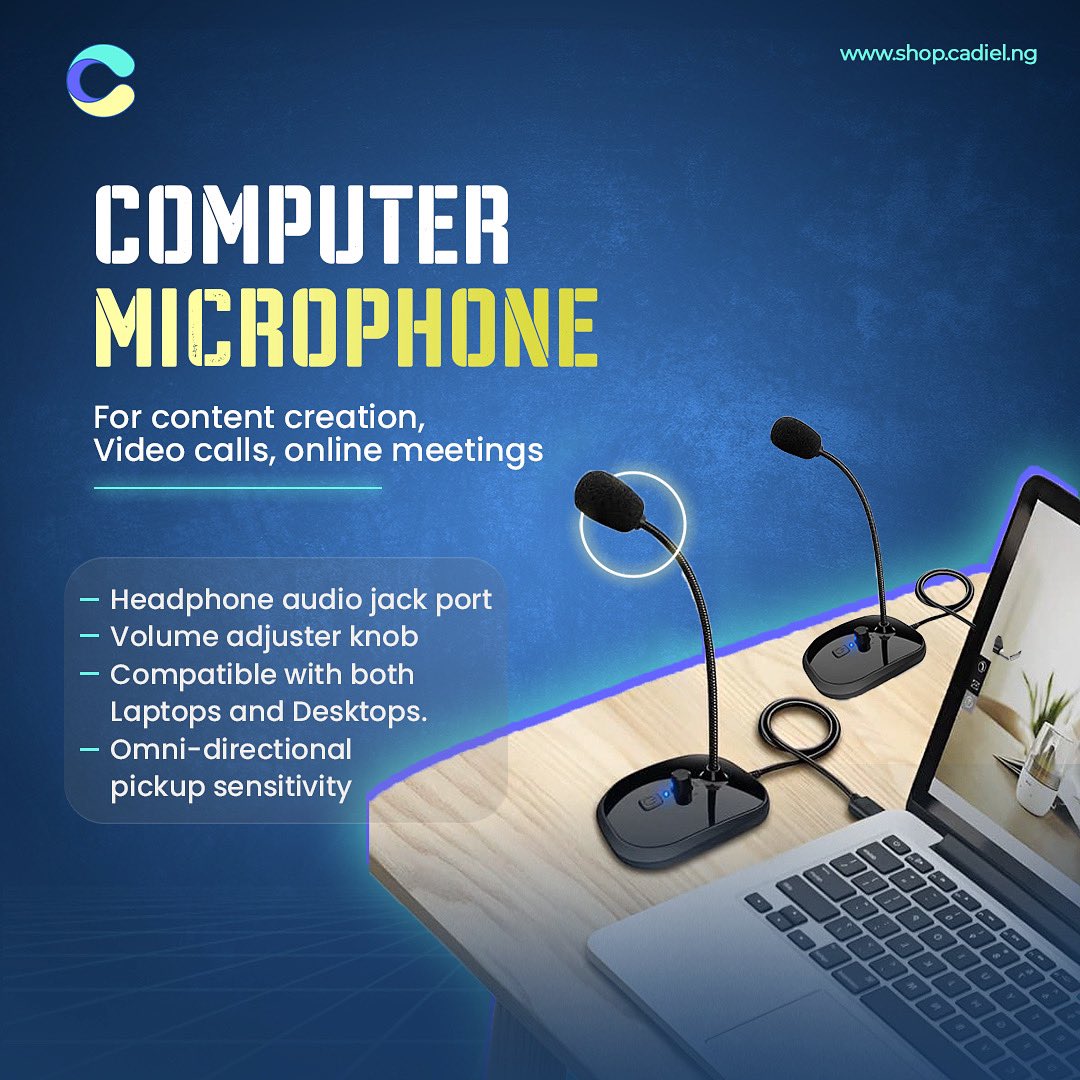 This Computer Microphone is powerful and excellent for your online meetings and video calls. It comes with a Mute Button, Volume Control, Condenser, and Head headphone jack.

Shop now at shop.cadiel.ng