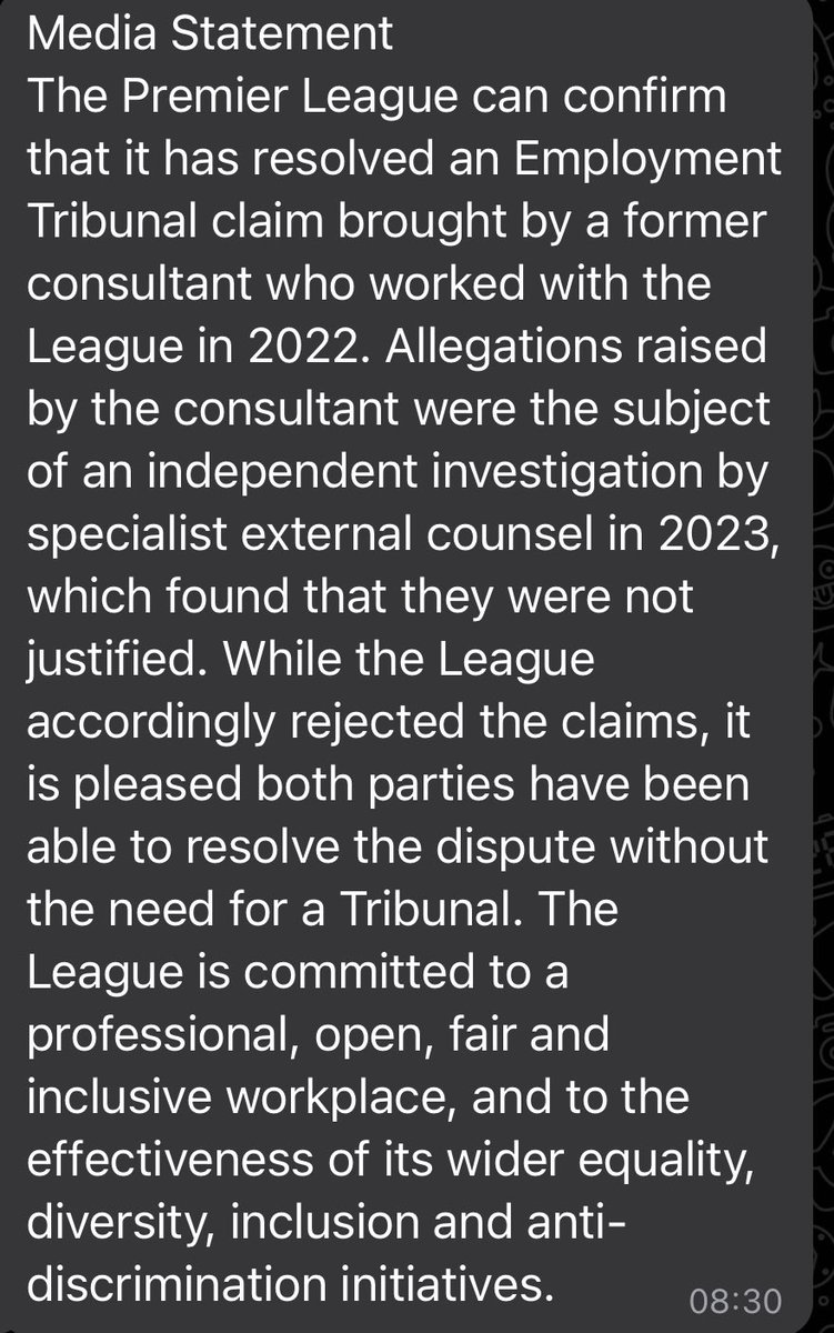 🚨Exc: The Premier League and former diversity consultant Kay Badu have resolved their ongoing racism case that was due to go to an employment tribunal today. Premier League statement below. More on @MailSport shortly.