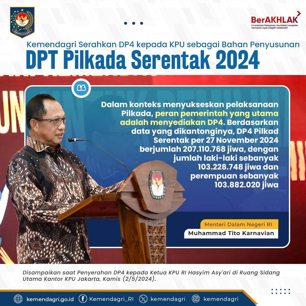 Kemendagri telah menyerahkan Daftar Penduduk Potensial Pemilih (DP4) kepada KPU RI sebagai bahan penyusunan DPT Pilkada Serentak 2024 Yuk simak postingan berikut ya!! #kemendagri #infokemendagri