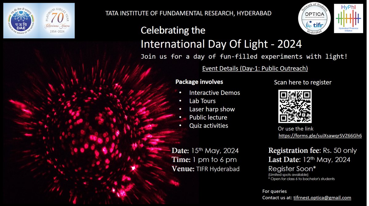 We are celebrating the 'International Day of Light' with a day long public outreach event (on May 15, 2024) filled with interactive demos, Lab tours, a special Laser Harp Show, Public Lectures & more! Register now to secure your spots for the event: forms.gle/suiXsawqrSVZ66…