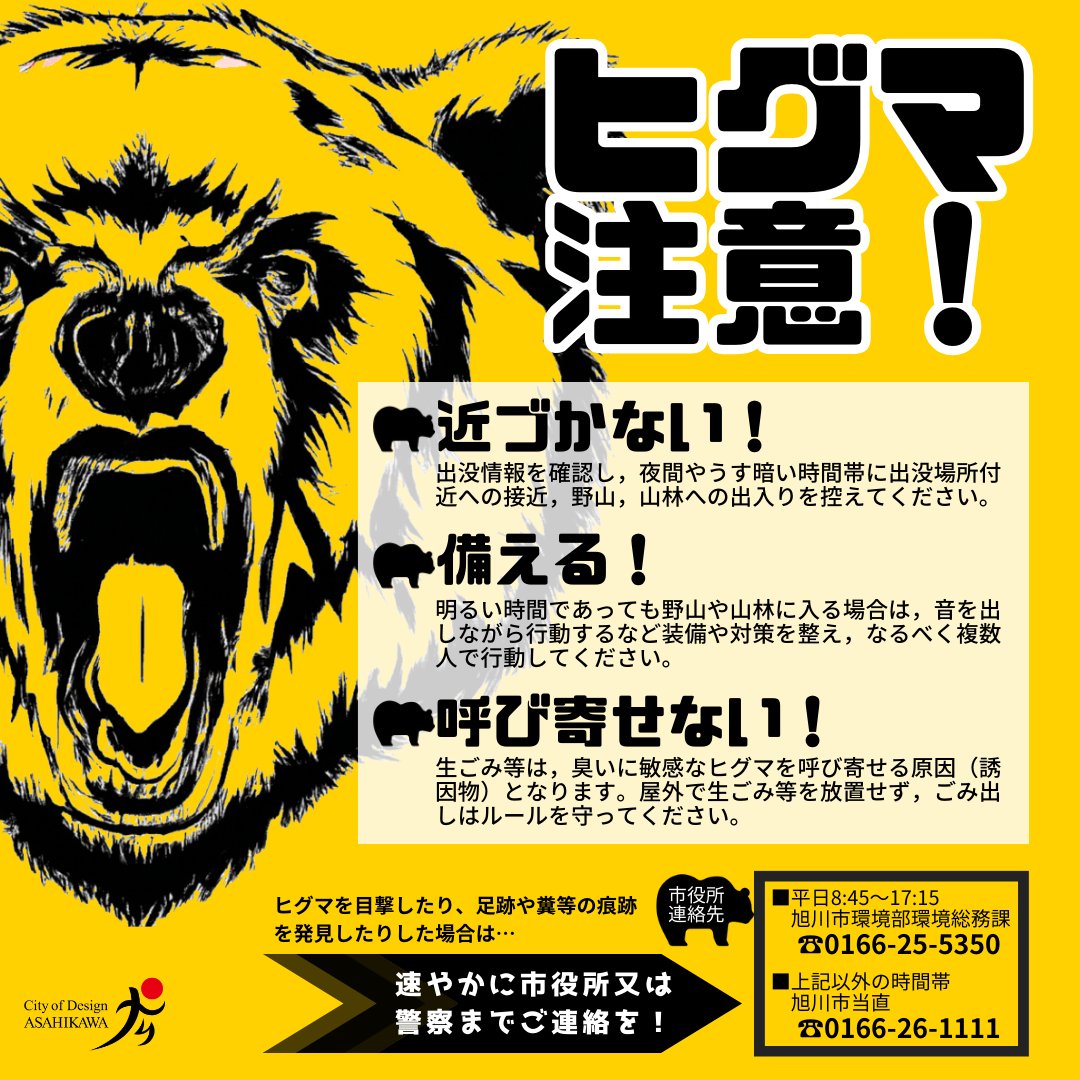 【⚠️ヒグマ出没情報⚠️】 令和6年5月6日(月)18:00頃，東旭川町甘水山（通称：三角山）に設置した監視カメラにヒグマの親子が撮影されました。 city.asahikawa.hokkaido.jp/10013/10014/d0… ○ひぐまっぷ higumap.info/map/204/2024 #ヒグマ #旭川市