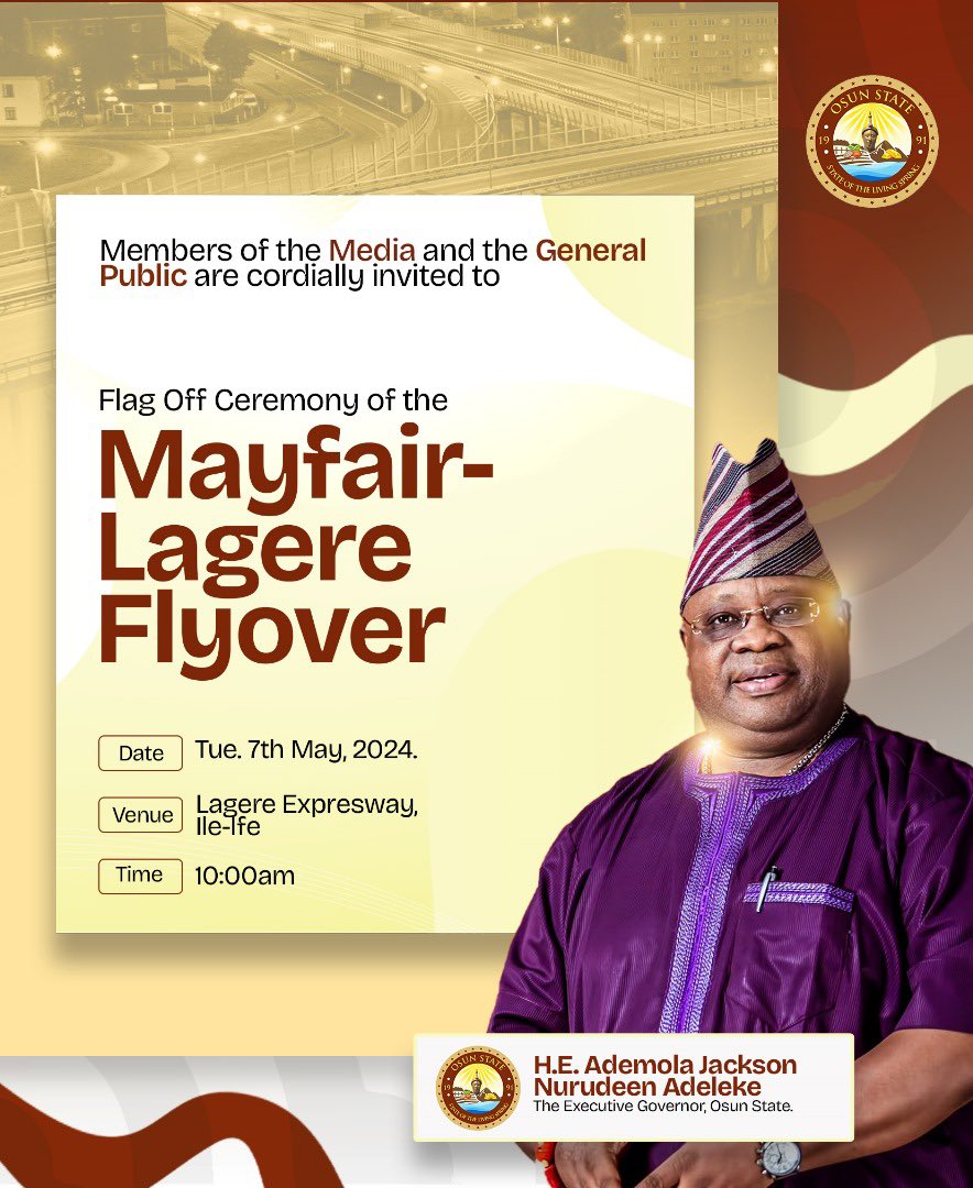 OmishoreBanks's tweet photo. Today, I join His Imperial Majesty @OoniAdimulaIfe &amp; the good people of Ile-Ife in welcoming our Governor, widely known as THE PERFORMING GOVERNOR, to the flag-off ceremony of the Flyover at Lagere. 
Kudos to Gov @AAdeleke_01 4 transforming the entire state into construction zone https://t.co/rAsatxYYx5