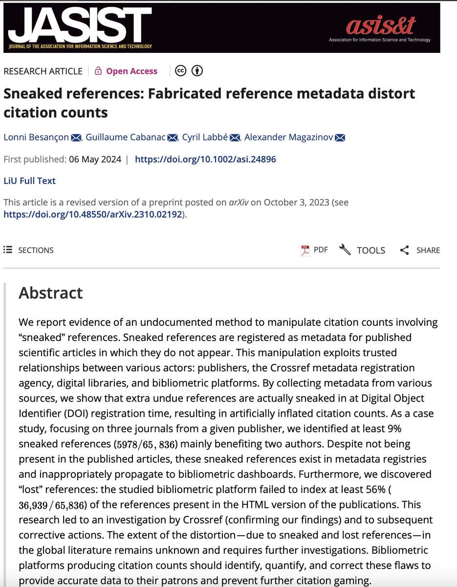 Dernier article publié!🔔 Avec @gcabanac, C. Labbé et A. Magazinov, nous documentons une nouvelle manipulation du nombre de citations via l'enregistrement des métadonnées @CrossrefOrg. Les références peuvent être 'introduites en douce'... doi.org/10.1002/asi.24… 1/n