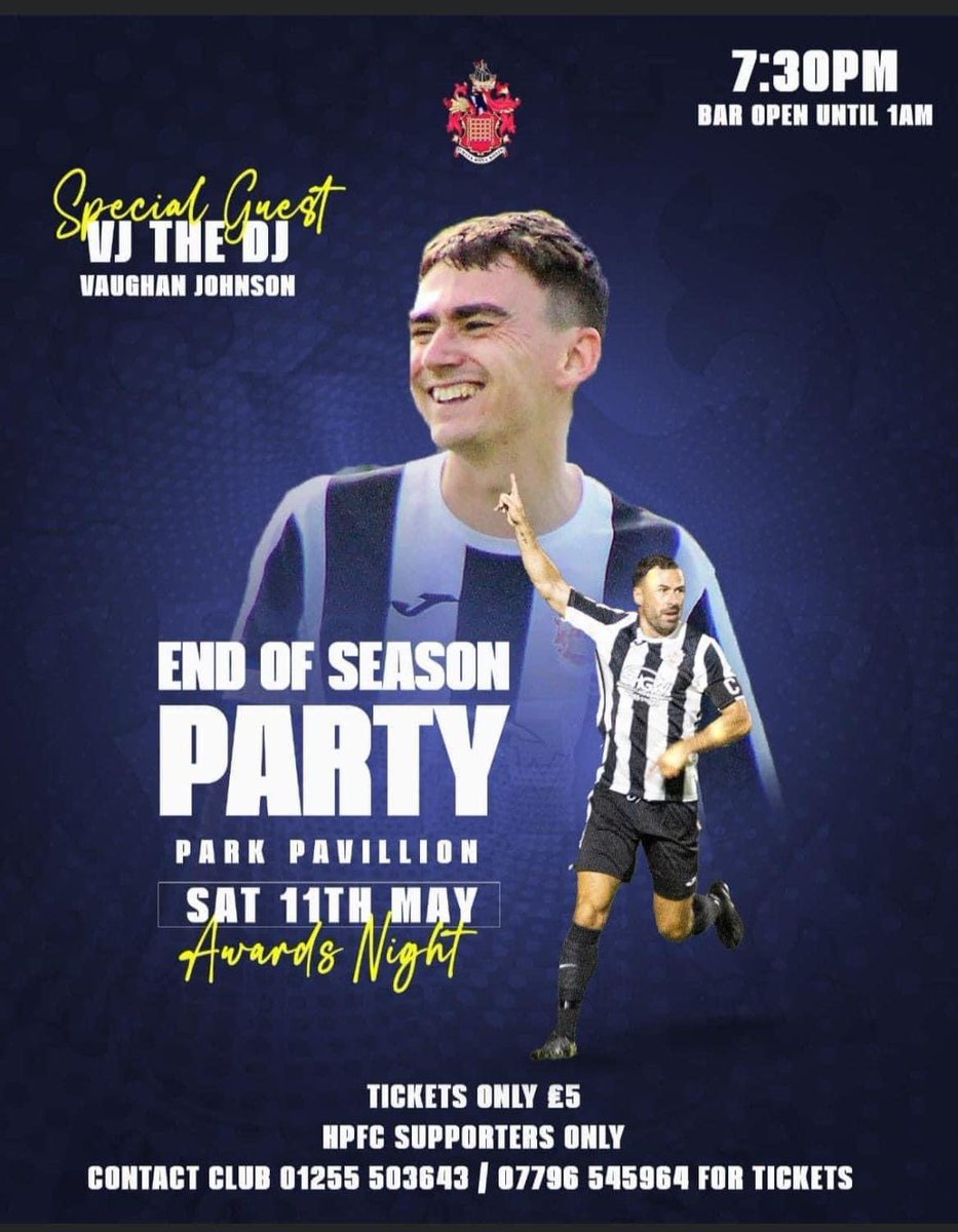 We have supporters tickets left for Harwich & Parkeston Football Club End of season party. 

If you’d like to come and join us for this tickets are available either by calling the phone numbers.

£5 Tickets 
7:30pm start time with bar open til 1am
Park Pavillion 

⚫️⚪️🦐