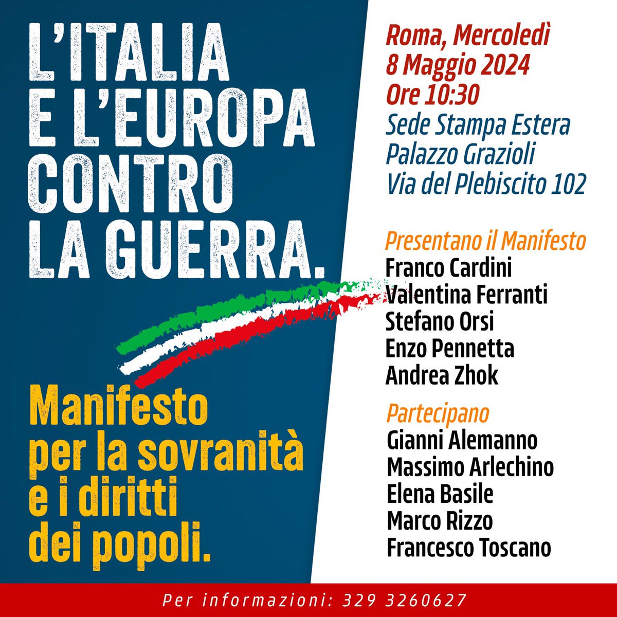 Non basta dire no alla guerra, se i NO non sono accompagnati da un'analisi complessiva e da una proposta politica, finiscono per spegnersi in una sterile protesta che rafforza lo status quo. Sala stampa estera palazzo Grazioli, ROMA Mercoledi 8 Maggio 10,30 Richiesta prenotazione