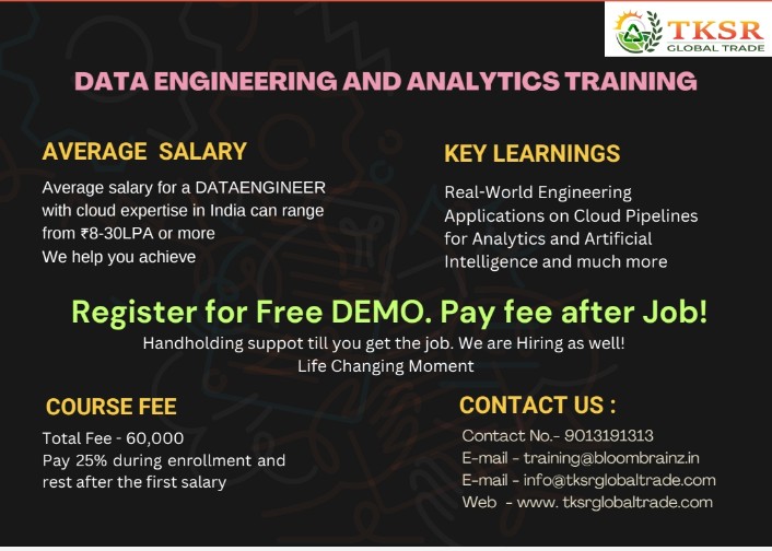 #Dataengineeing and #analytics #training.

Pay 25% of the total fee during the enrollment and rest after 1st month salary 

For demo and more details please reach out to the number mentioned in the add
#dataengineering
#dataanalysis