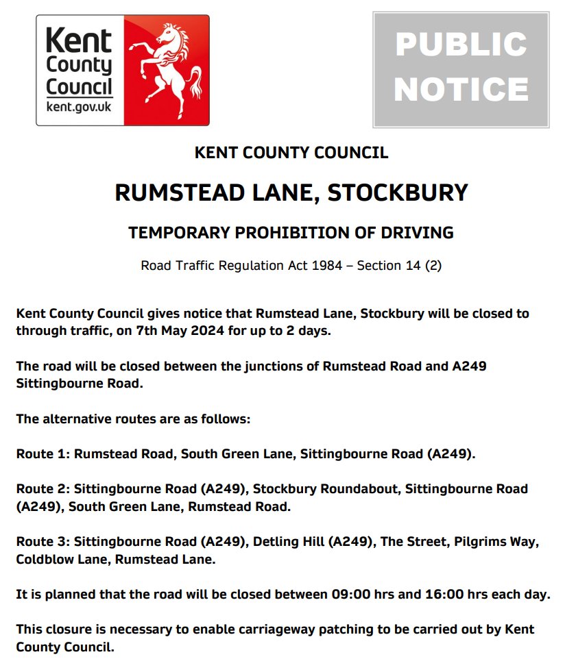 Stockbury, Rumstead Lane. Road closures until 8th May (09:00-16:00 each day) for carriageway patching works: moorl.uk/?f7n4h5 #Kentpotholes