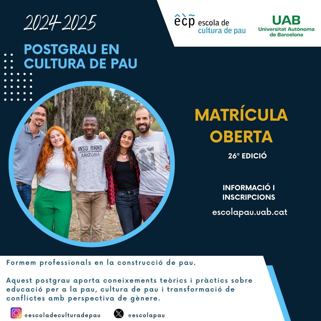 Vols formar-te en construcció de pau? El postgrau en Cultura de Pau de la @UABBarcelona aporta coneixements teòrics i pràctics sobre educació per a la pau, cultura de pau i transformació de conflictes amb perspectiva de gènere. Informació i matrícules escolapau.uab.cat/ca/postgrau-en…