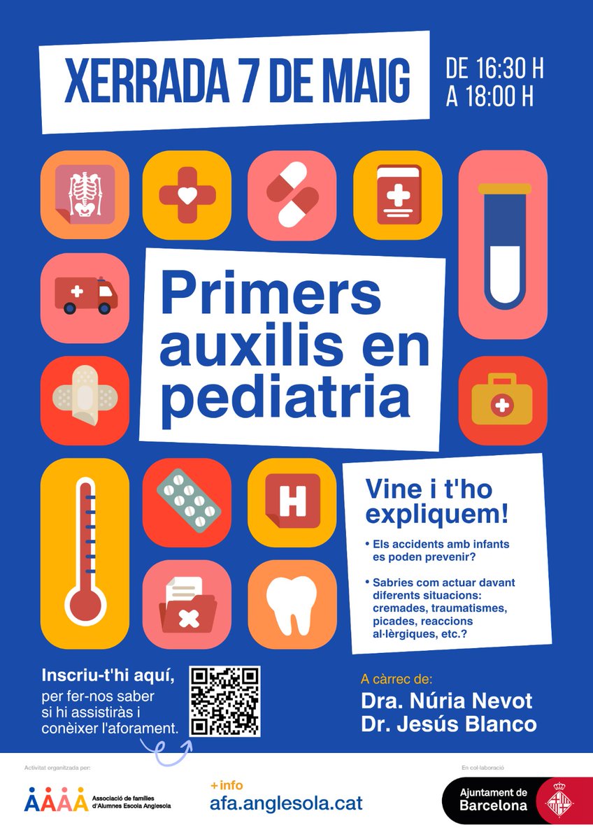 Avui tenim la xerrada "Primers auxilis en pediatria" a càrrec de la Dra. Núria Nevot i el Dr. Jesús Blanco.
⏰ de 16:30 h a 18 h
🏫 a l'escola Anglesola

Us hi esperem!

#comissiodefamilies  #juntesfemAFA