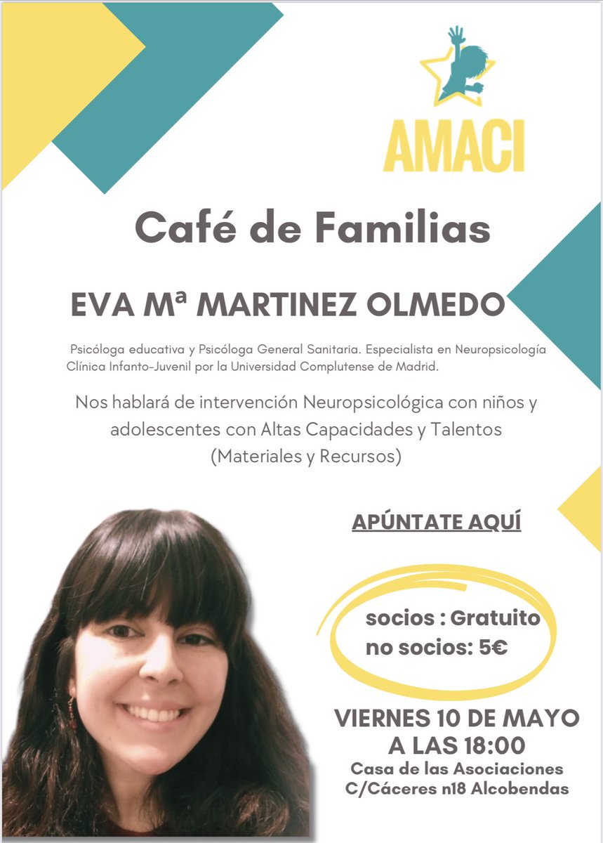 AsociacionAMACI's tweet photo. Este viernes en nuestro café de familias tendremos a Eva Martinez Olmedo que nos hablará de intervención Neuropsicológica. Si nos quieres acompañar inscríbete aquí: https://t.co/hZxYbeMo2W (en el formulario tienes toda la información) #AACC #ACI #altascapacidades #somosAMACI https://t.co/YML2o2zvlS