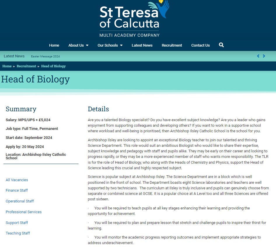 We are recruiting for a Head of Biology saintteresaofcalcutta.org.uk/vacancy/head-o…